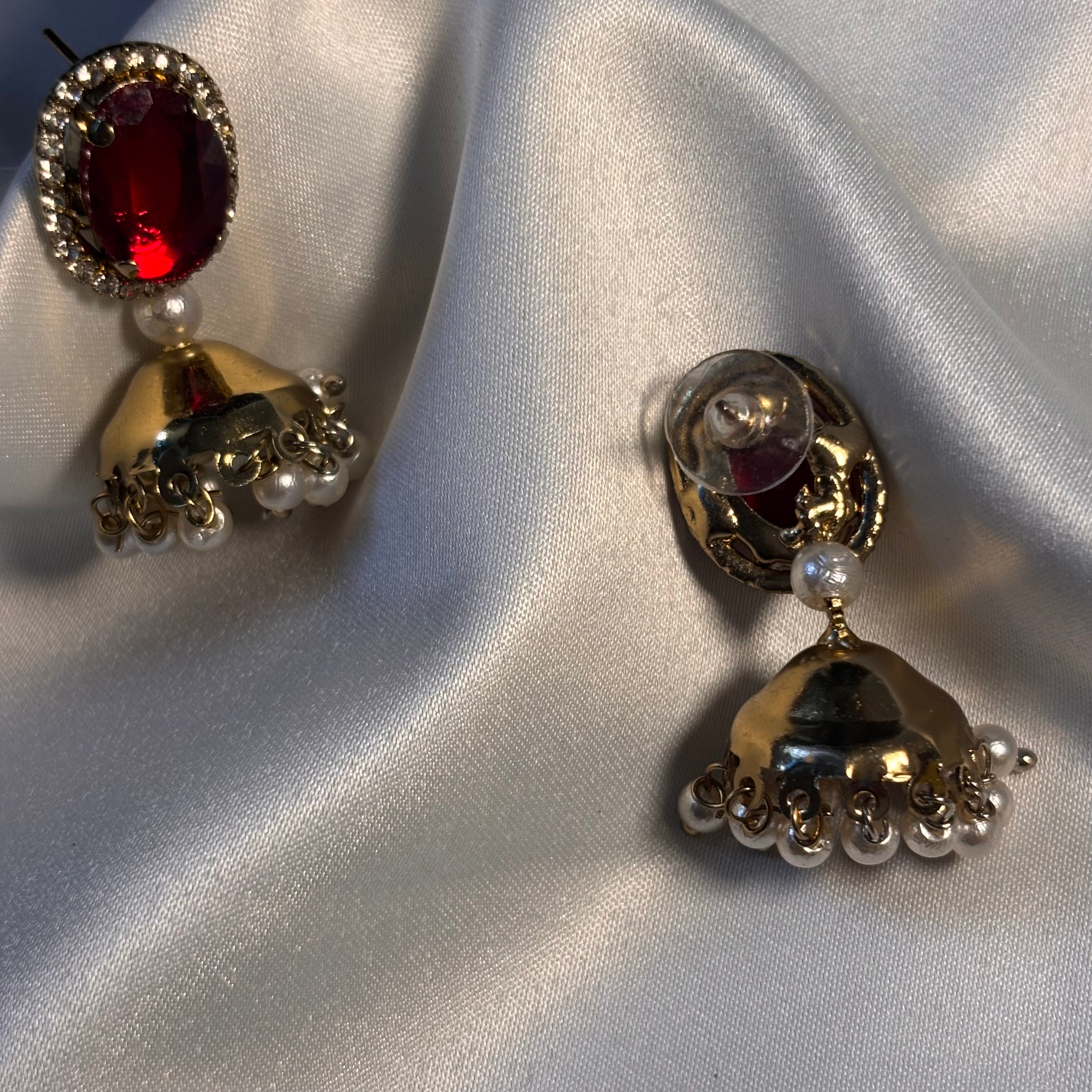 Regal Ruby Red Oval Jhumkas with Pearl Drop