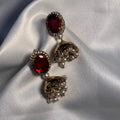 Regal Ruby Red Oval Jhumkas with Pearl Drop