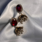 Regal Ruby Red Oval Jhumkas with Pearl Drop