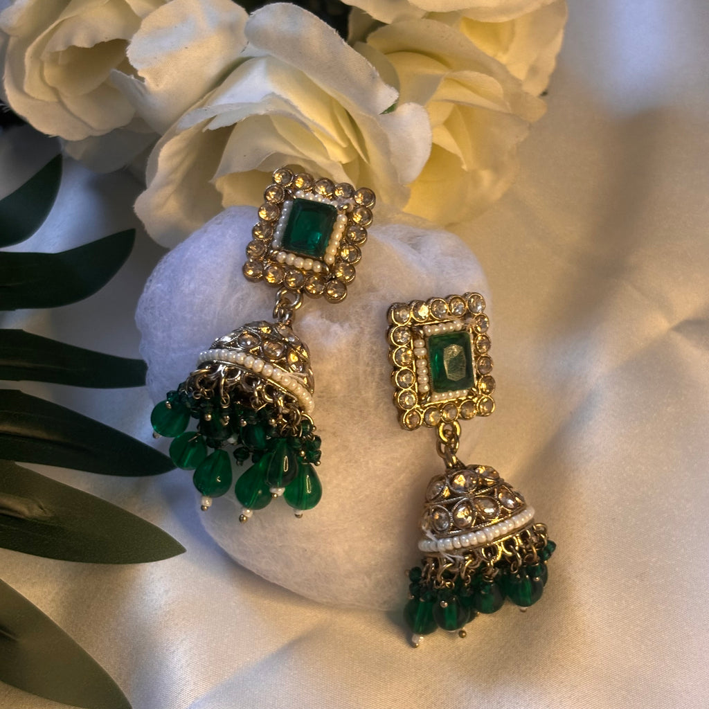Green Pearl Bell Jhumkas