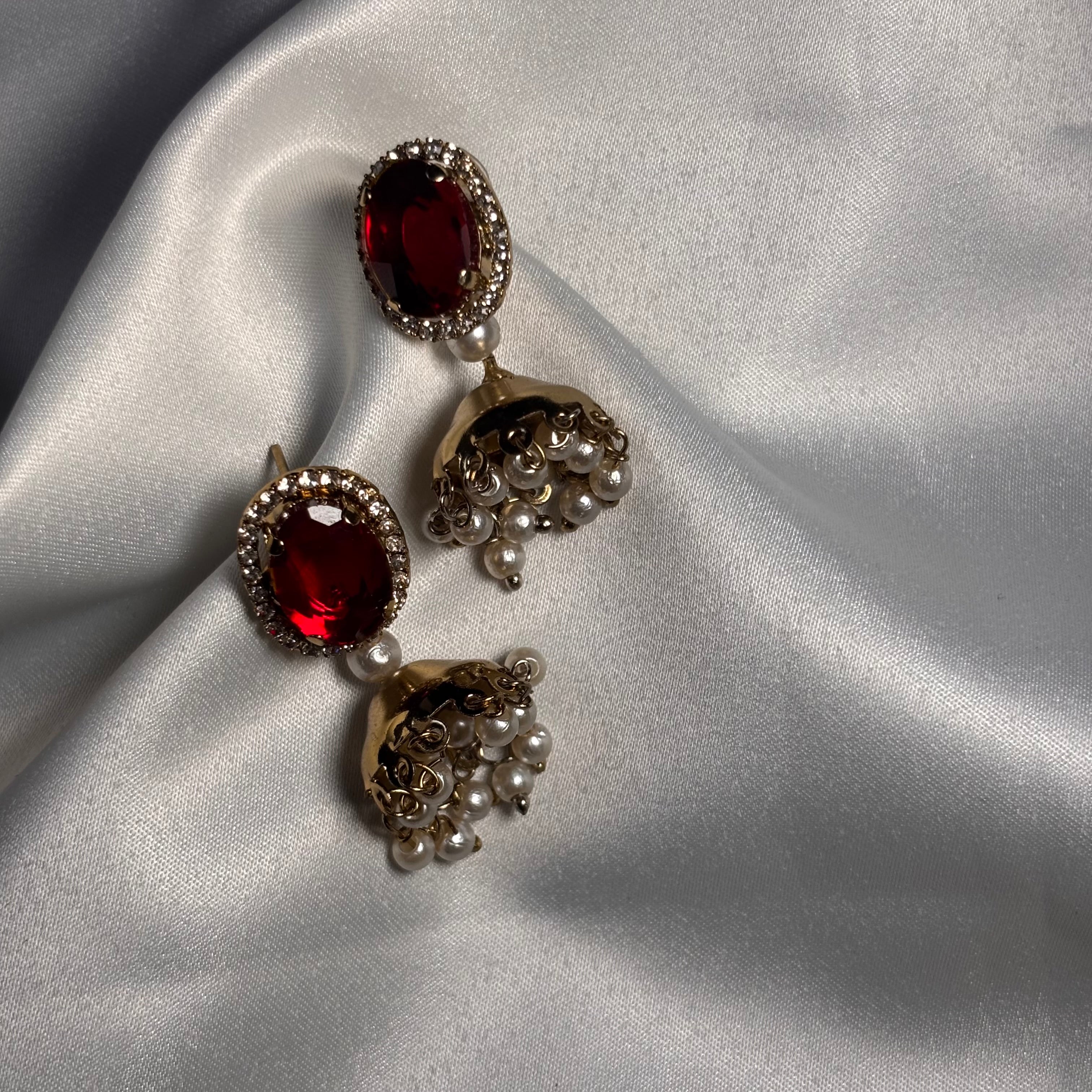Regal Ruby Red Oval Jhumkas with Pearl Drop