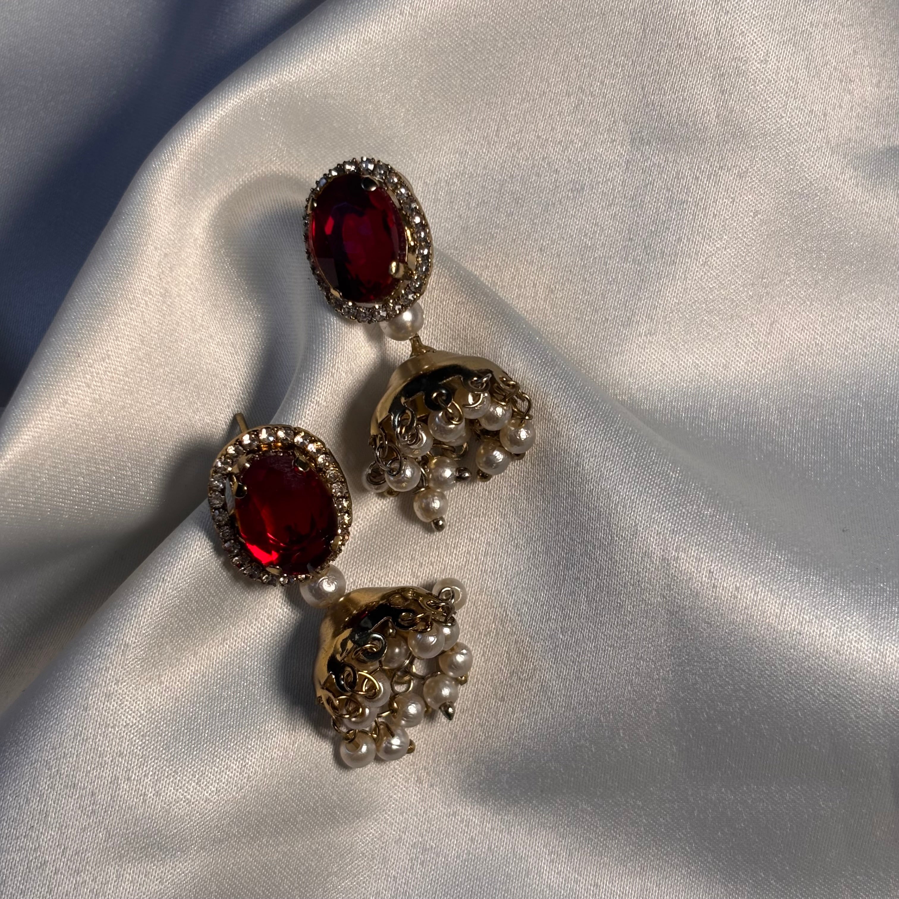 Regal Ruby Red Oval Jhumkas with Pearl Drop