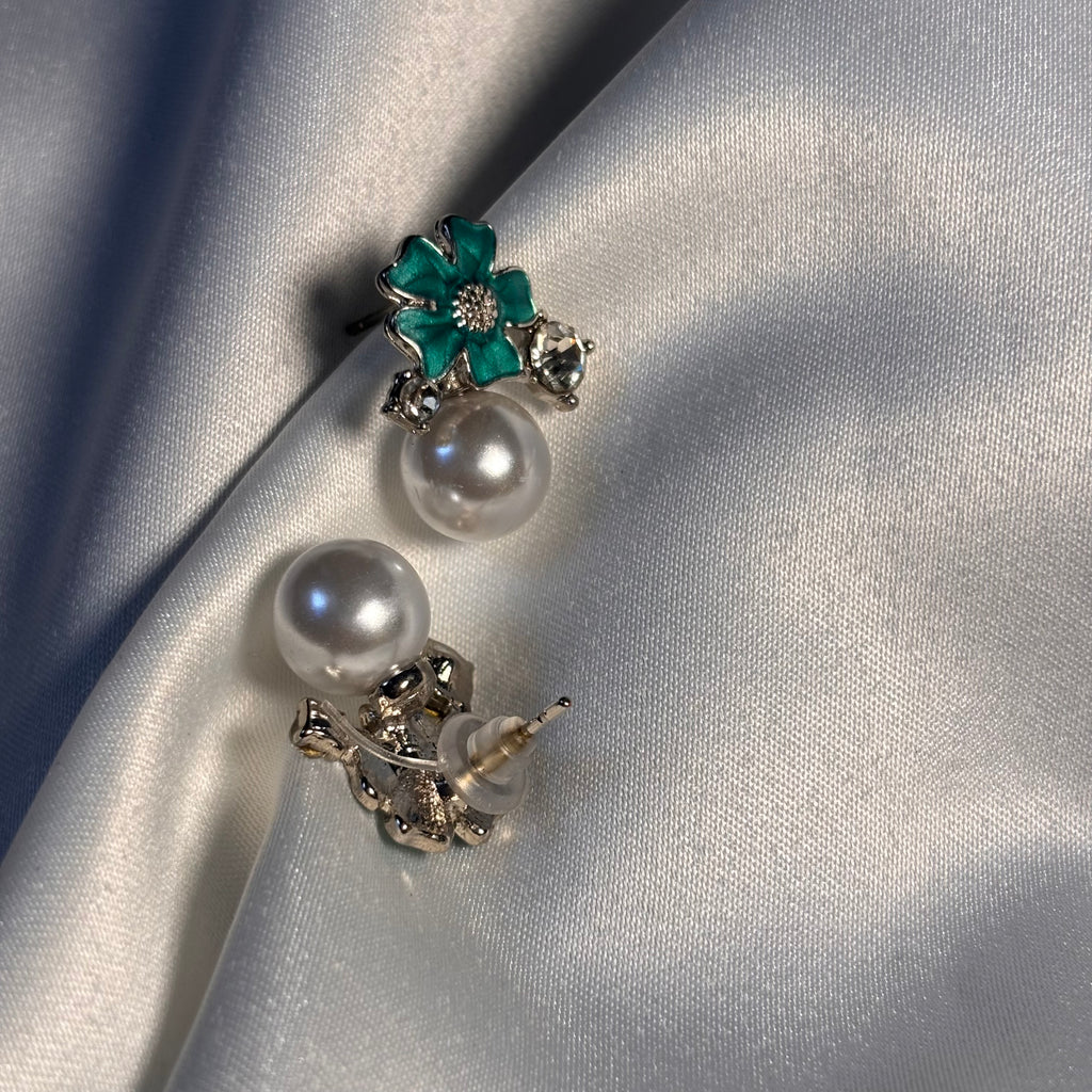 Teal Enamel Bloom & Pearl Studs